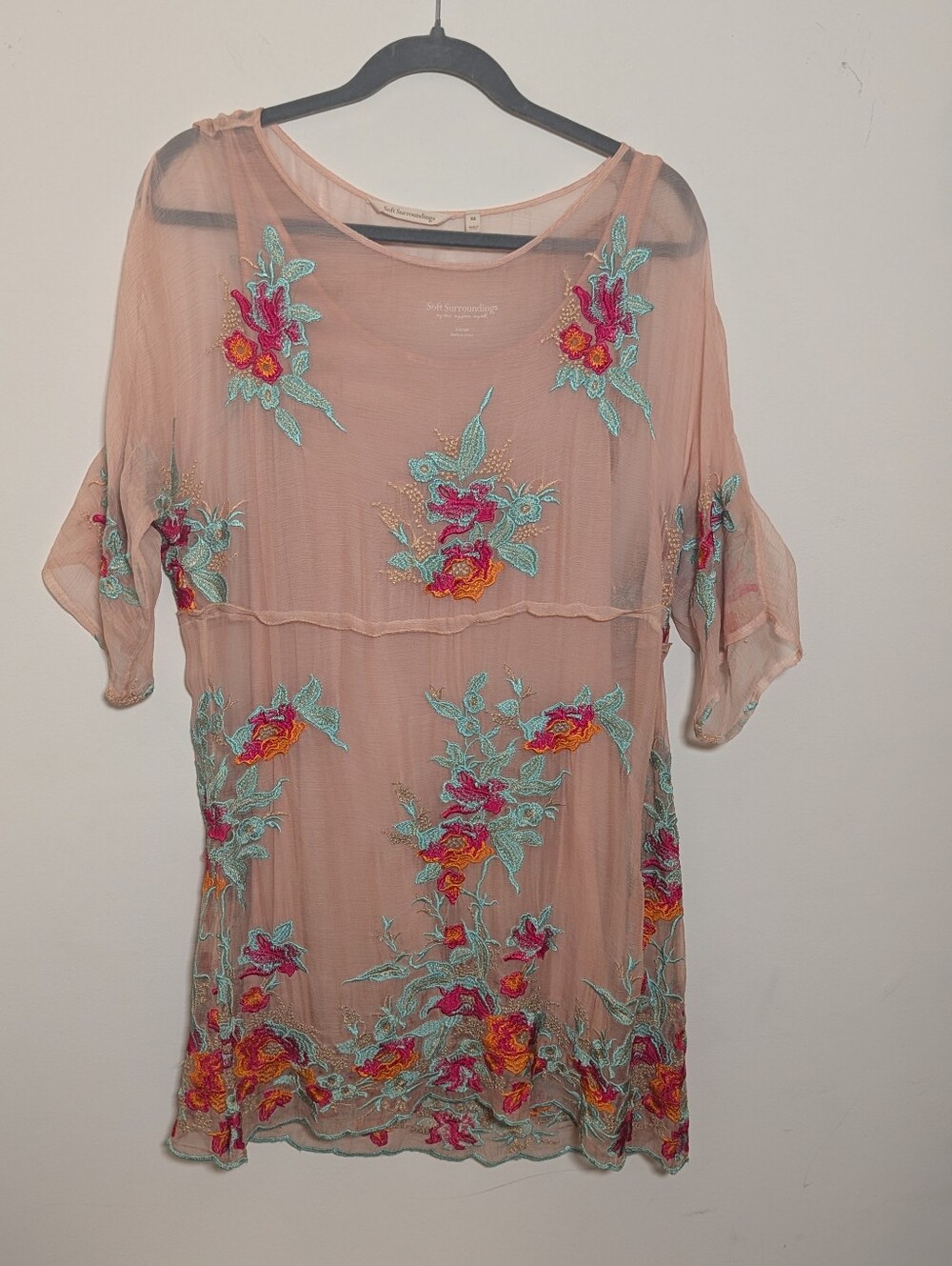 Soft Surroundings Blush Pink Embroidered Silk Overlay Boho Tunic Top XS
